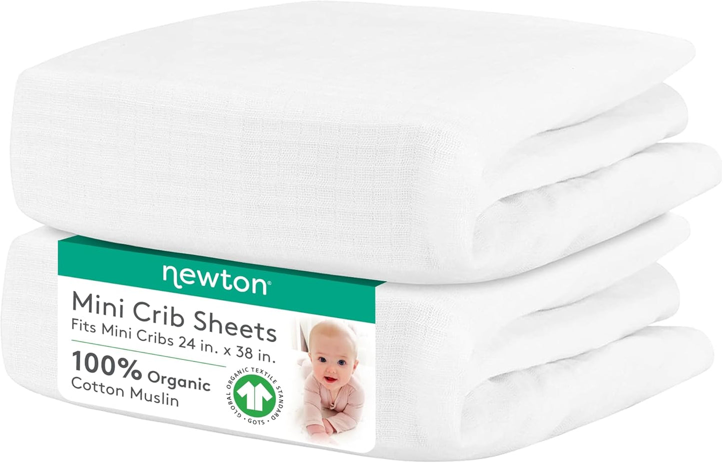 Newton Baby Mini Crib Fitted Sheets (2-Pack) | Organic Muslin Cotton, 100% Breathable & Soft Baby Sheets, Machine Washable Baby Mattress Sheets, Fits Any Mini Sized Crib 24" X 38", White