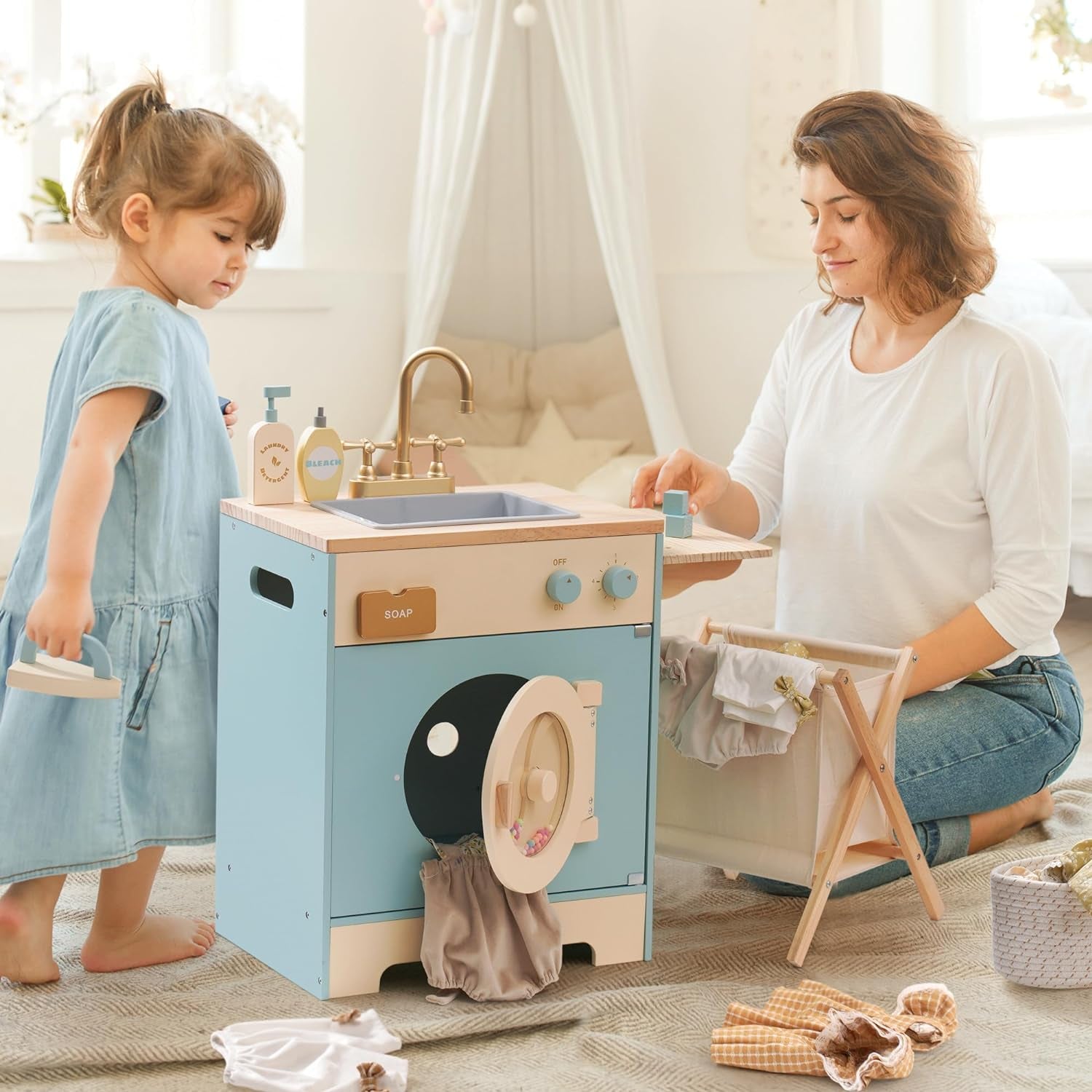 ROBUD Wooden Laundry Playset, Washer and Dryer Set for Kids, Realistic Pretend Play Washing Machine with Basket, Iron, Soap, Bleach, Laundry Detergent, Gift for Boys & Girls, Ages 3+