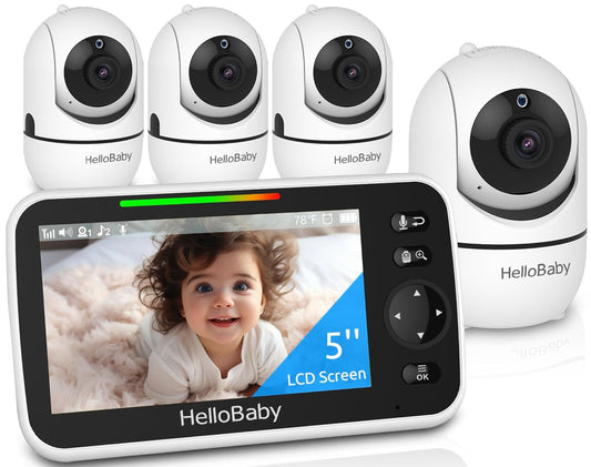 Hellobaby HB6550 5" Baby Monitor 4 Cameras No Wifi, 26-Hour Battery, Pan-Tilt-Zoom, 1000Ft Range Video Audio Baby Monitor, ECO, Night Vision, 2-Way Talk, 8 Lullabies and Temperature, Ideal Gifts