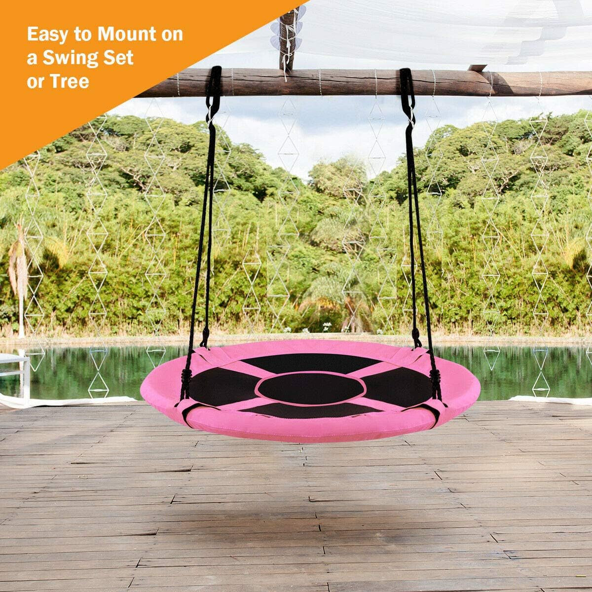 Costzon 40” Saucer Tree Swing for Kids, Flying Saucer Swing with 2 Carabiners, Adjustable Ropes, Waterproof 900D Oxford Cloth, round Swing for Outdoor Playground, Backyard (Green Dinosaur)