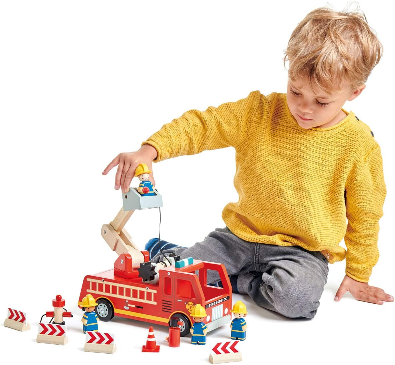 Tender Leaf Toys - Fire Engine - Wooden Fire Truck Toy with Firefighters and Accessories - Story Telling, Pretend Play and Imaginative Play for Age 3+