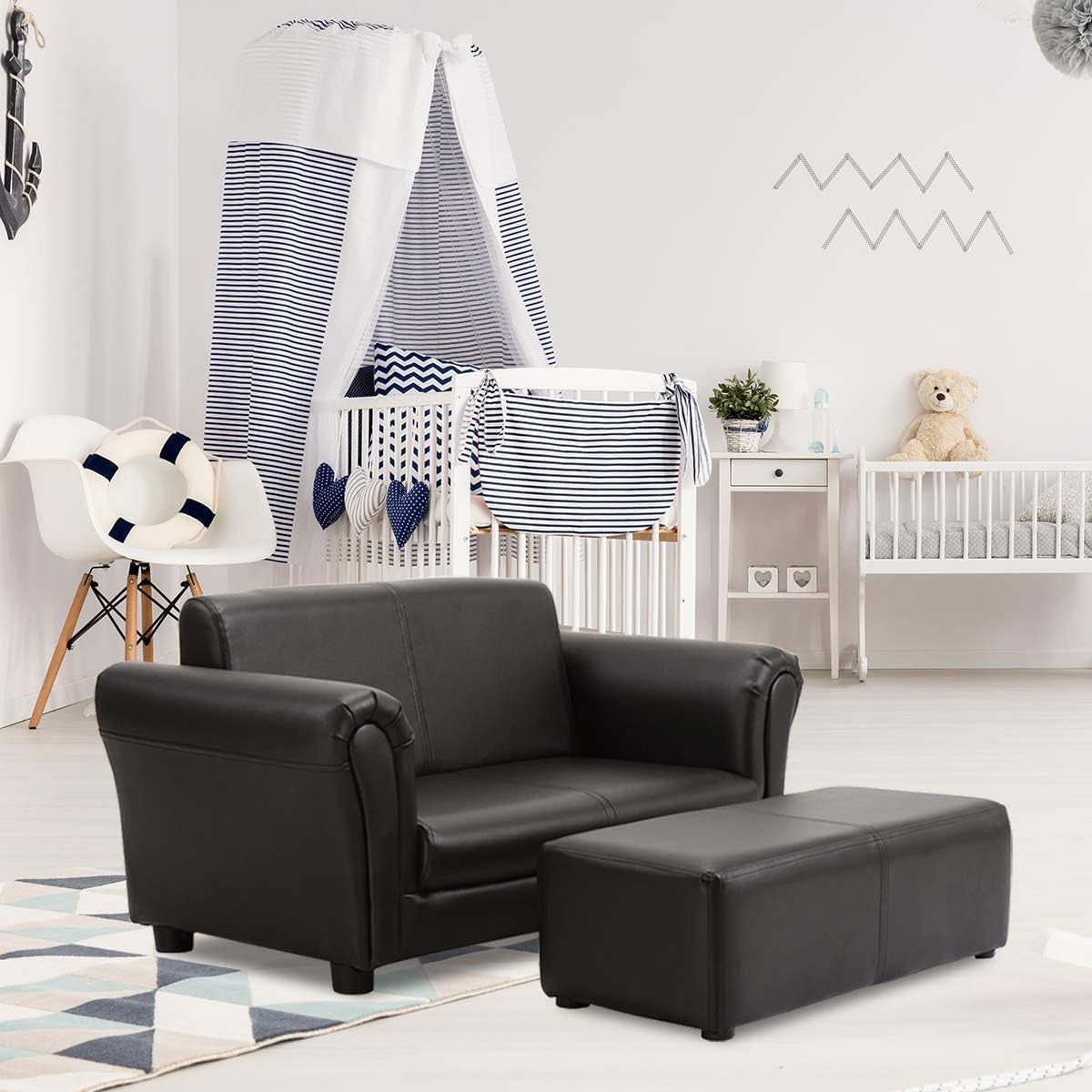 Costzon Kids Couch with Footstool, 2 in 1 Double Seat Children'S Sofa W/Pu Leather Surface, Armrest Chair Lounge for Preschool Bedroom Kids Room Toddlers Boys Girls Birthday (Black)