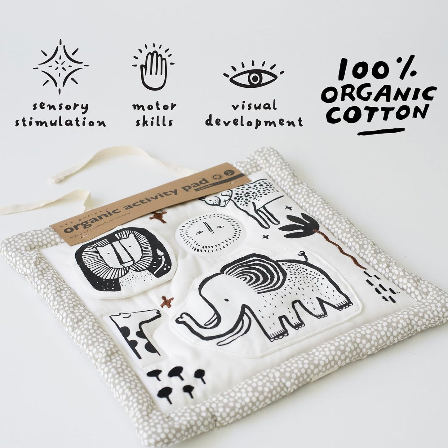 Wee Gallery Organic Safari Activity Pad - High Contrast Tummy Time Play Mat with 6 Interactive Activities - Soft Sensory Toys for Babies - Visual & Motor Skill Development Toy