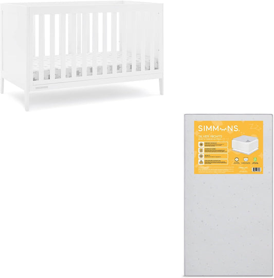 Delta Children Hayes 4-In-1 Convertible Crib, Bianca White + Simmons Kids Silver Nights Dual Sided 2-Stage Baby Crib Mattress (Bundle)