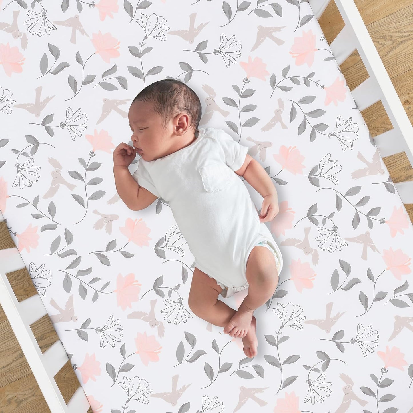 Lambs & Ivy Petals Gray/Pink Sateen Cotton Floral 3-Piece Baby Crib Bedding Set