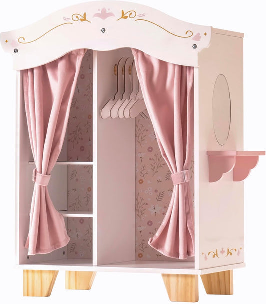 ROBUD Wooden Play Armoire Closet for Dolls, Doll Closet Furniture Wardrobe with 5 Hangers, Mirror, Velvet Curtains, Fit for 16-20In American Girl Doll Clothes, Gift for Boys & Girls, 3+