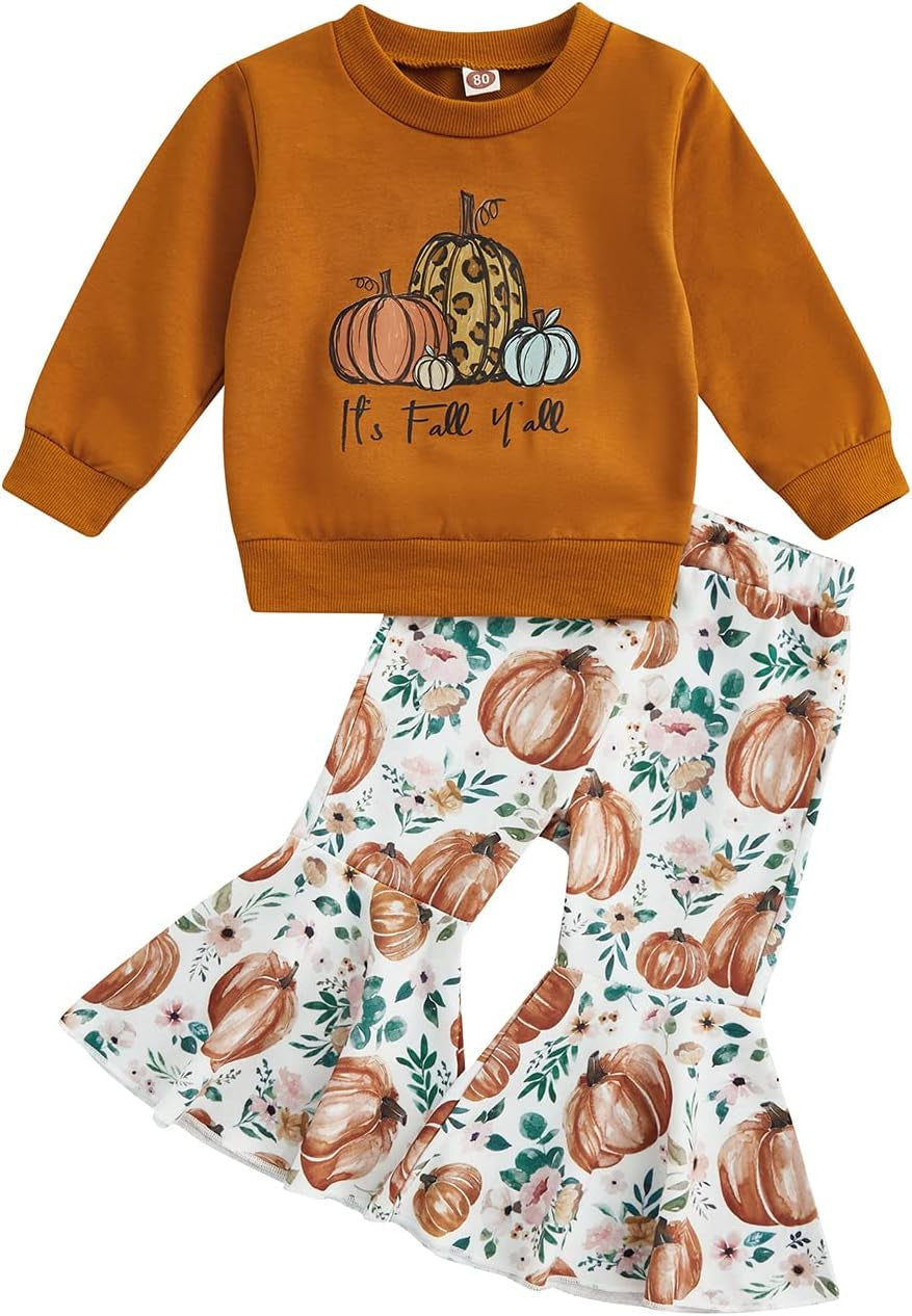 Baby Girl Halloween Outfit Pumpkin Pie Crewneck Sweatshirt Shirt Top Bell-Bottom Pants Sets Cute Toddler Clothes