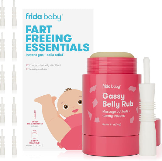 Frida Baby Fart Freeing Essentials | Instant Baby Gas and Colic Relief| Includes Windi Gas Passer and Gassy Belly Rub for Safe, Natural Relief for Infants and Babies