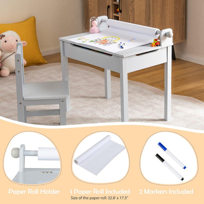 Costzon Kids Table and Chair Set, Flip Top Kids Art Craft Table W/Chair for Playroom Kindergarten, Toddler Drawing Writing Desk Set W/Paper Roll & 2 Markers, Gift for Boys Girls Ages 3+ (White)