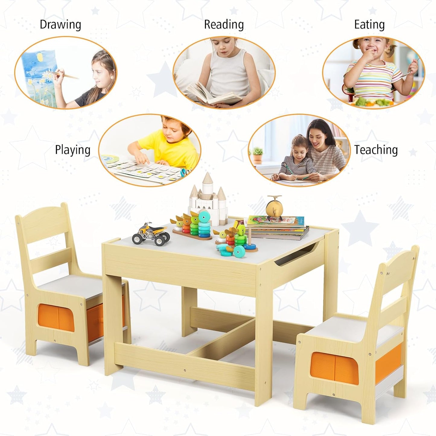 Costzon Kids Table and Chair Set, 3 in 1 Wooden Activity Table with Storage Drawer, Detachable Tabletop for Children Drawing Reading Art Craft, Playroom, Nursery, Toddler Table and Chair Set, Natural