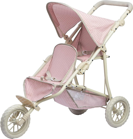 Olivia'S Little World Double Jogging-Style Doll Stroller for Baby Dolls with Tandem Seating, Retractable Canopy, Storage Basket, All-Terrain Wheels, Cream, Pink and Gray Polka Dots