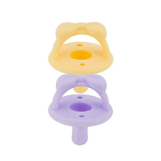 Itzy Ritzy Silicone Pacifiers for Newborn - Sweetie Soother Pacifiers Feature Collapsible Handle & Two Air Holes for Added Safety; for Ages Newborn and Up, Set of 2 in Daffodil & Purple Diamond