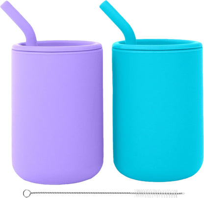 Weesprout Silicone Baby Cups with Straws and Lids, 4 & 8 Oz Options, Set of 2, Food Grade Toddler Training Container, Built in Straw Stoppers, Measurement Markings, Dishwasher Safe + Straw Cleaner