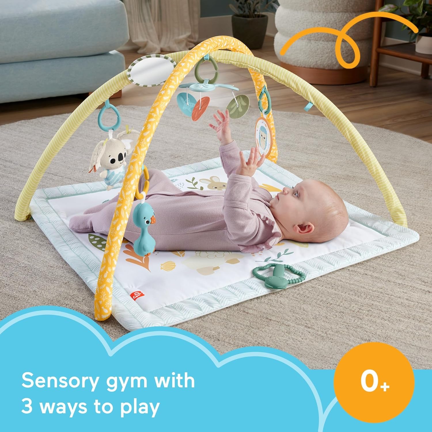 Fisher-Price Baby Playmat Simply Senses Newborn Gym with Mobile & Sensory Activity Toys for Developmental Play Ages 0+ Months