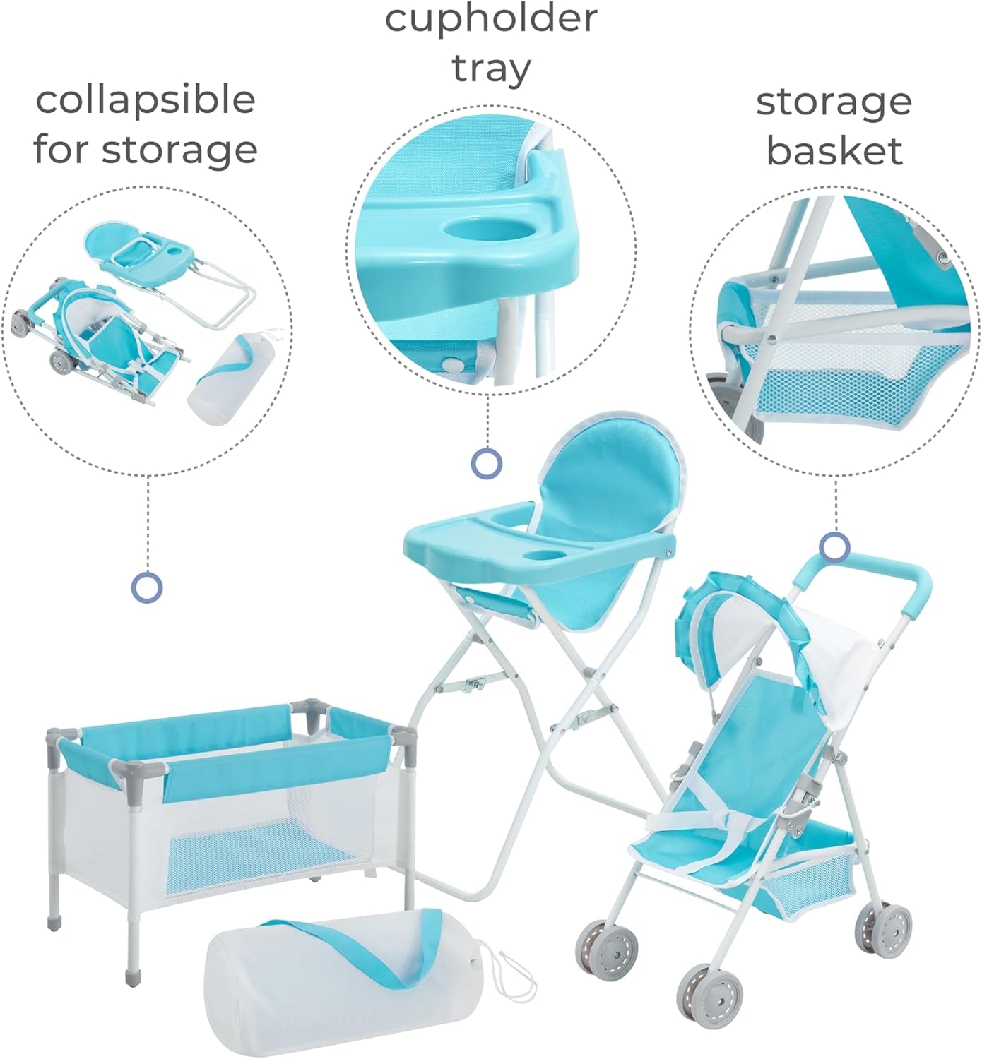 Olivia'S Little World Baby Doll 3Pc Nursery Set - Crib, High Chair & Stroller, Blue & White