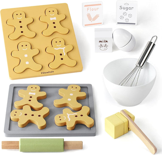 Wooden Toy Biscuits Baking Set,Pretend Play Food Sets for Kids Kitchen,Wooden Gingerbread Cookies Play Food Set,Play Kitchen Accessories for Toddlers Boys Girls Ages 3+