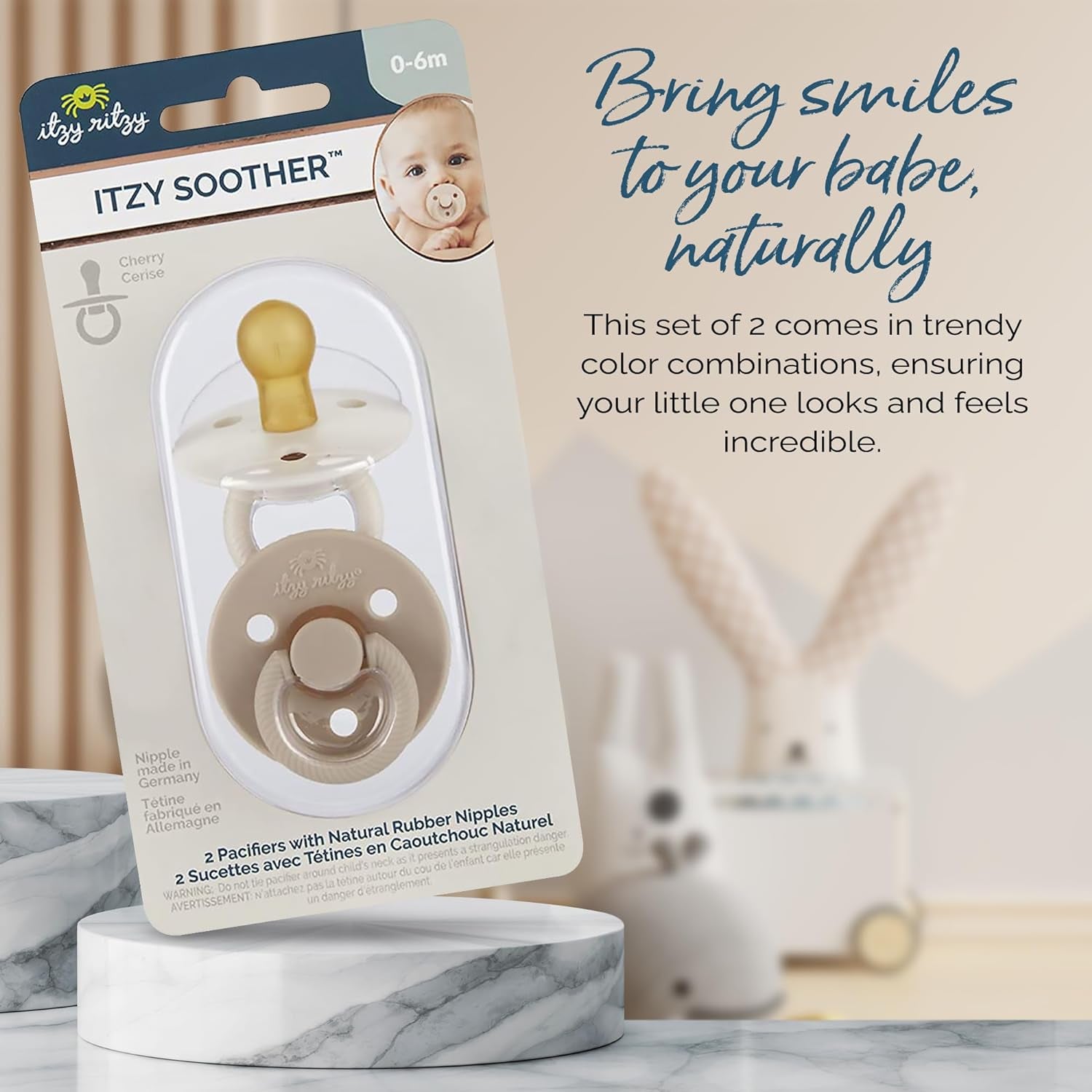 Itzy Ritzy Natural Rubber Pacifiers, Set of 2 – Natural Rubber Newborn Pacifiers with Cherry-Shaped Nipple & Large Air Holes for Added Safety; Set of 2 in Coconut & Toast, Ages 0 – 6 Months