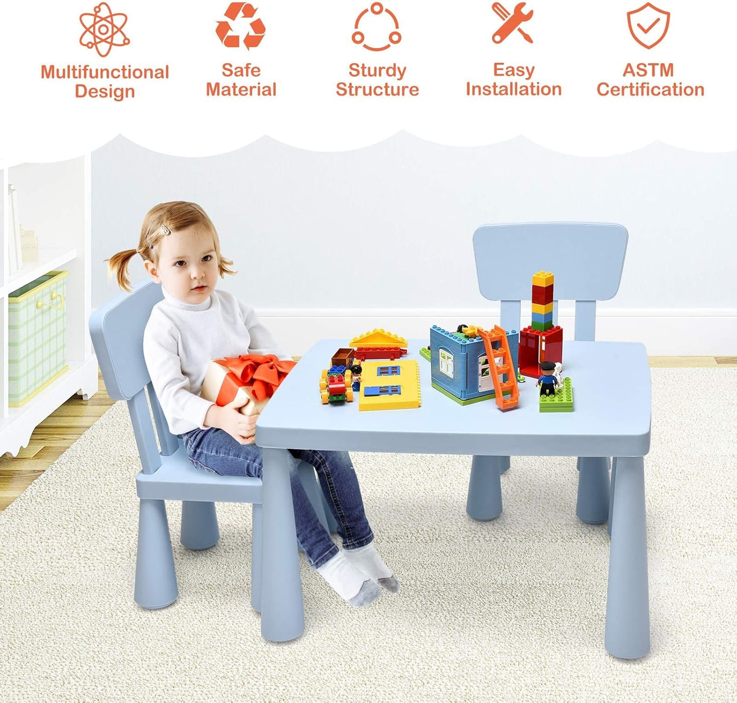 Costzon Kids Table and Chair Set, 3 Piece Plastic Children Activity Table for Reading, Drawing, Snack Time, Arts Crafts, Preschool, Kindergarten & Playroom, Easy Clean, Toddler Table & Chair (Blue)