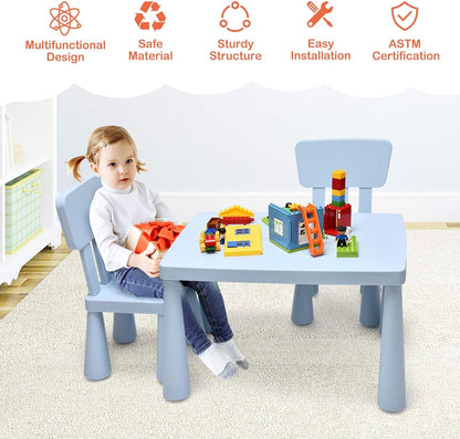 Costzon Kids Table and Chair Set, 3 Piece Plastic Children Activity Table for Reading, Drawing, Snack Time, Arts Crafts, Preschool, Kindergarten & Playroom, Easy Clean, Toddler Table & Chair (Blue)