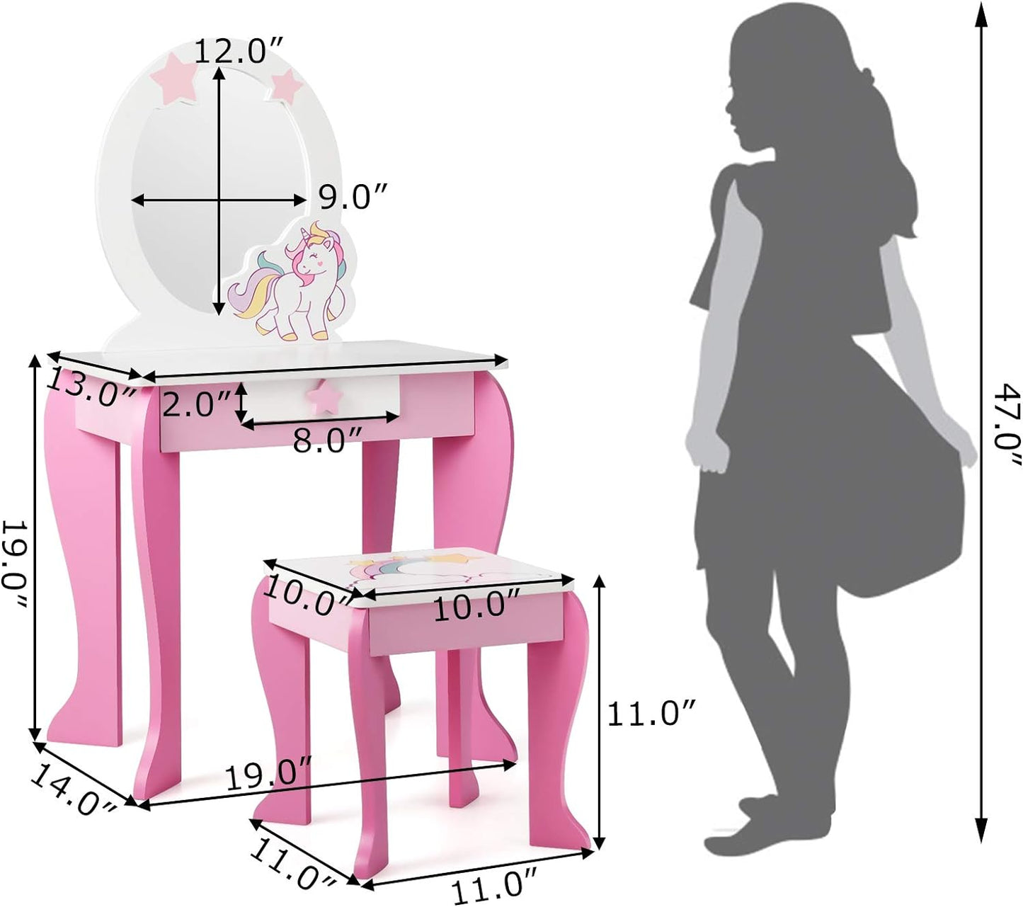 Costzon Kids Vanity Set with Mirror, 2 in 1 Wooden Princess Makeup Dressing Table with Detachable Top, Toddler Girls Vanity with Drawer & Stool, Pretend Play Vanity Set for Little Girls, Pink