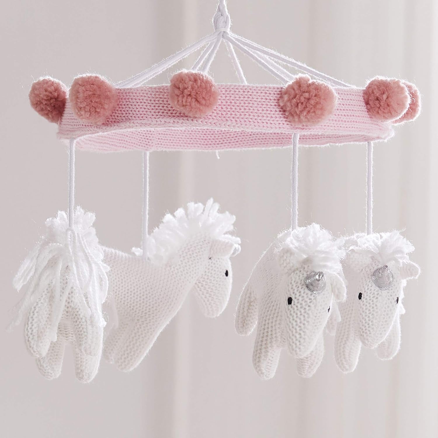 Levtex Baby - Colette Musical Rotating Baby Crib Mobile - Knit Unicorns and Pom Poms - Pink and White - Nursery Accessories