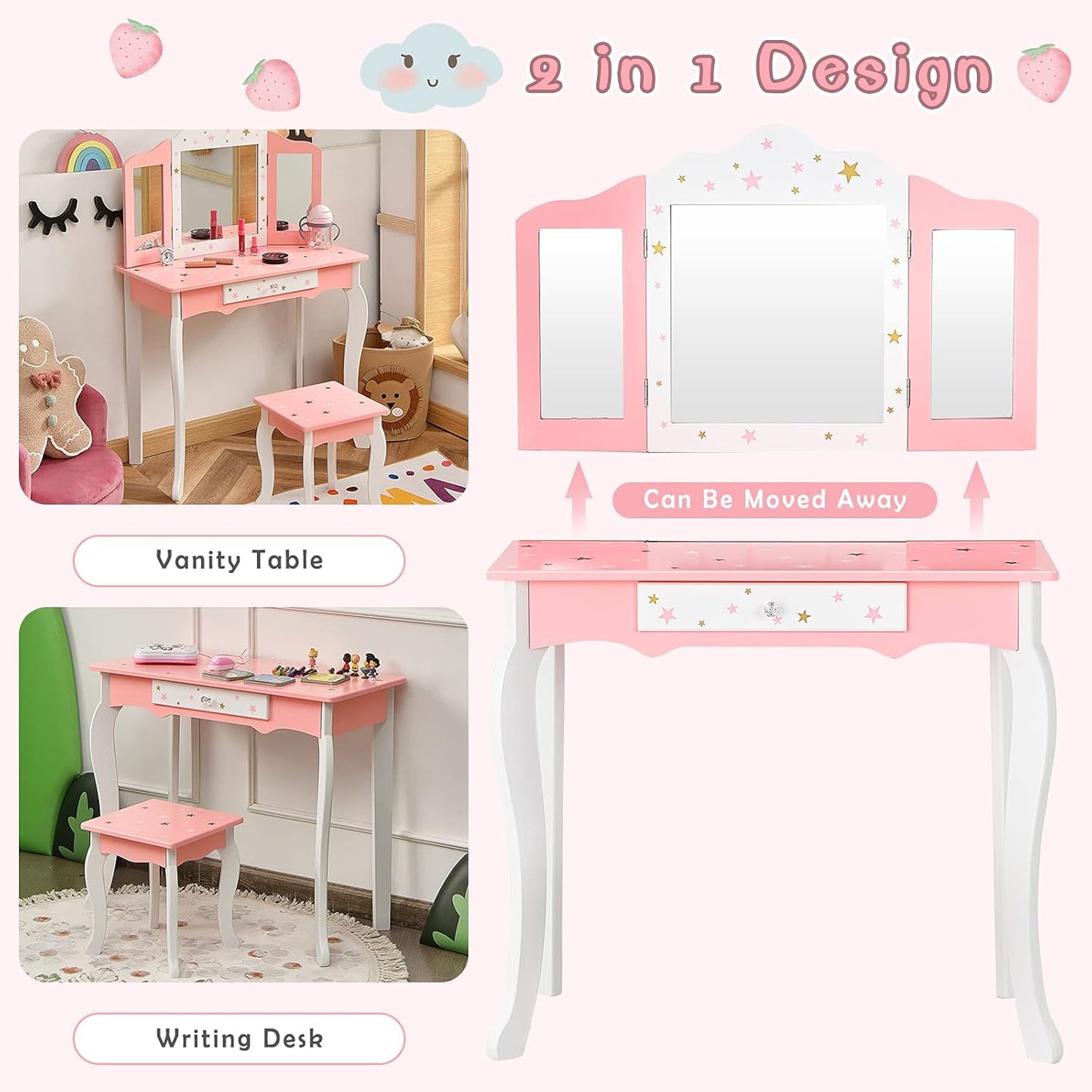 Costzon Kids Vanity Set with Mirror, 2 in 1 Princess Makeup Dressing Table W/Detachable Top, Toddler Girls Vanity with Tri-Fold Mirror, Drawer & Stool, Pretend Play Vanity Set for Little Girls, Pink