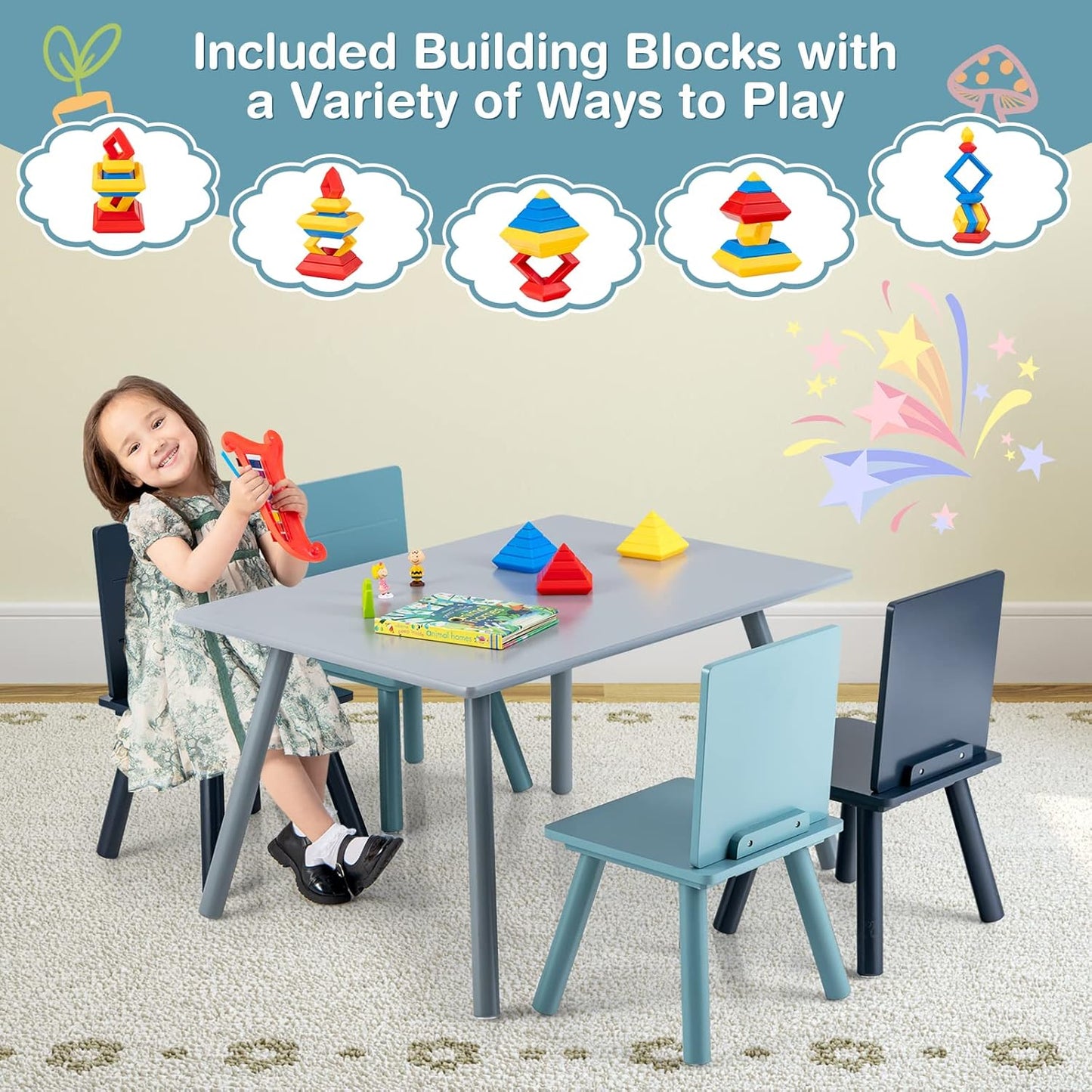 Costzon Kids Table and Chair Set, 5-Piece Toddler Table & 4 Chairs W/Toy Bricks for Arts, Crafts, Snack Time & Homework, Classroom Playroom Daycare Furniture for Boys & Girls Age 3-7 (Grey, Blue)