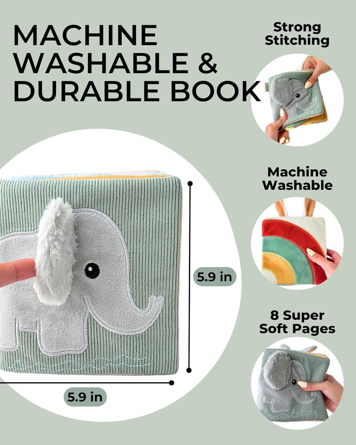 Adorable Elephant with Crinkling Ear Soft Baby Book with Mirror, Activities, Touch and Feel & Crinkle Pages - Interactive Sensory Cloth Book for Babies Baby Sensory Book for Early Development