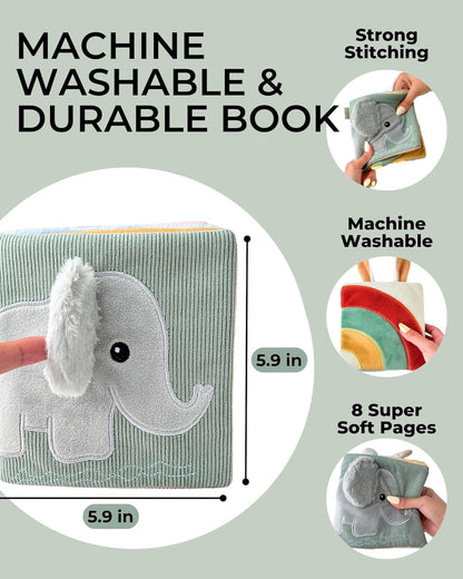 Adorable Elephant with Crinkling Ear Soft Baby Book with Mirror, Activities, Touch and Feel & Crinkle Pages - Interactive Sensory Cloth Book for Babies Baby Sensory Book for Early Development