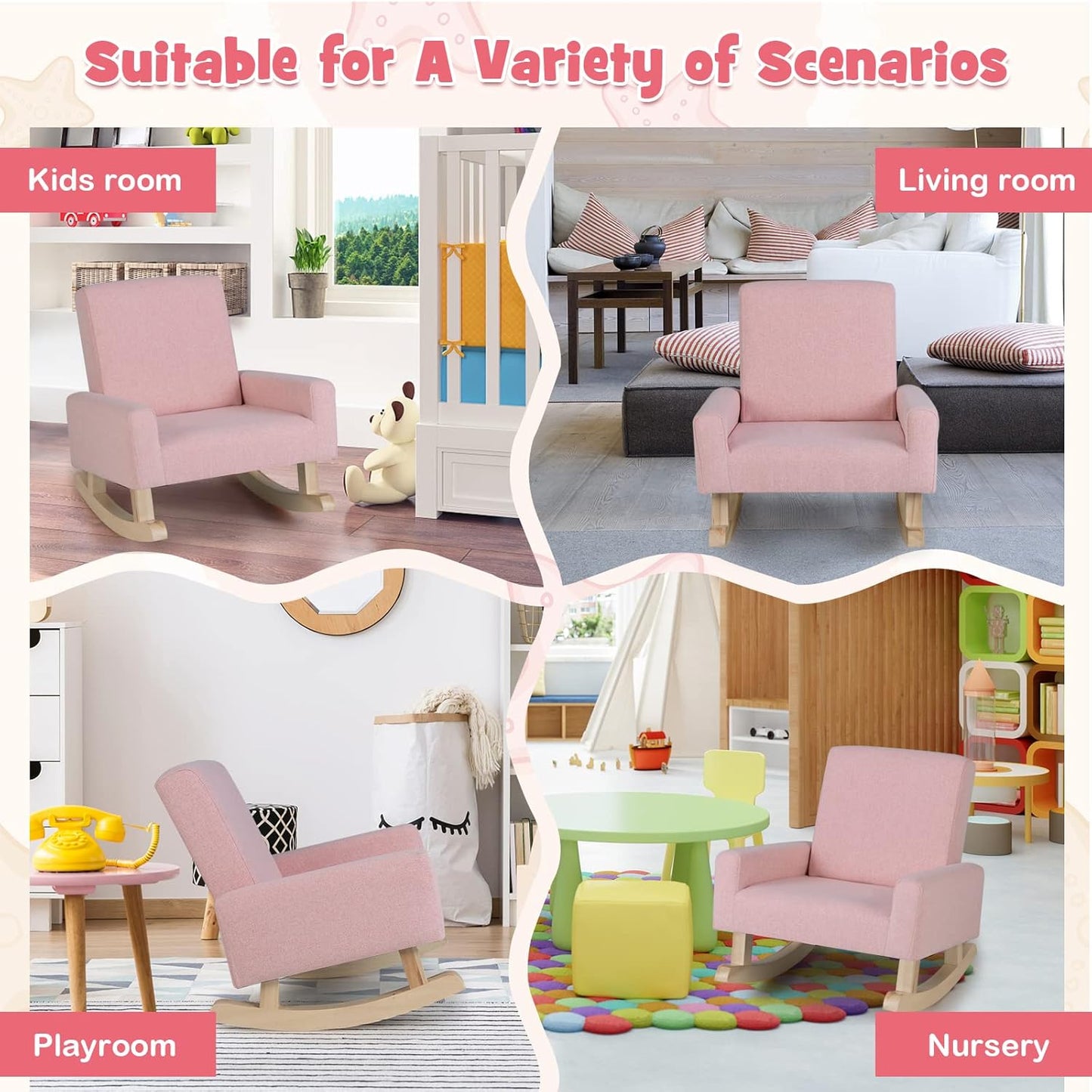 Costzon Kids Sofa, Rocking Chair with Solid Wood Frame, Linen Fabric, Anti-Tipping Design for Kids Room, Nursery, Playroom, Preschool, Birthday Gift for Boys Girls, Toddler Furniture Armchair (Pink)