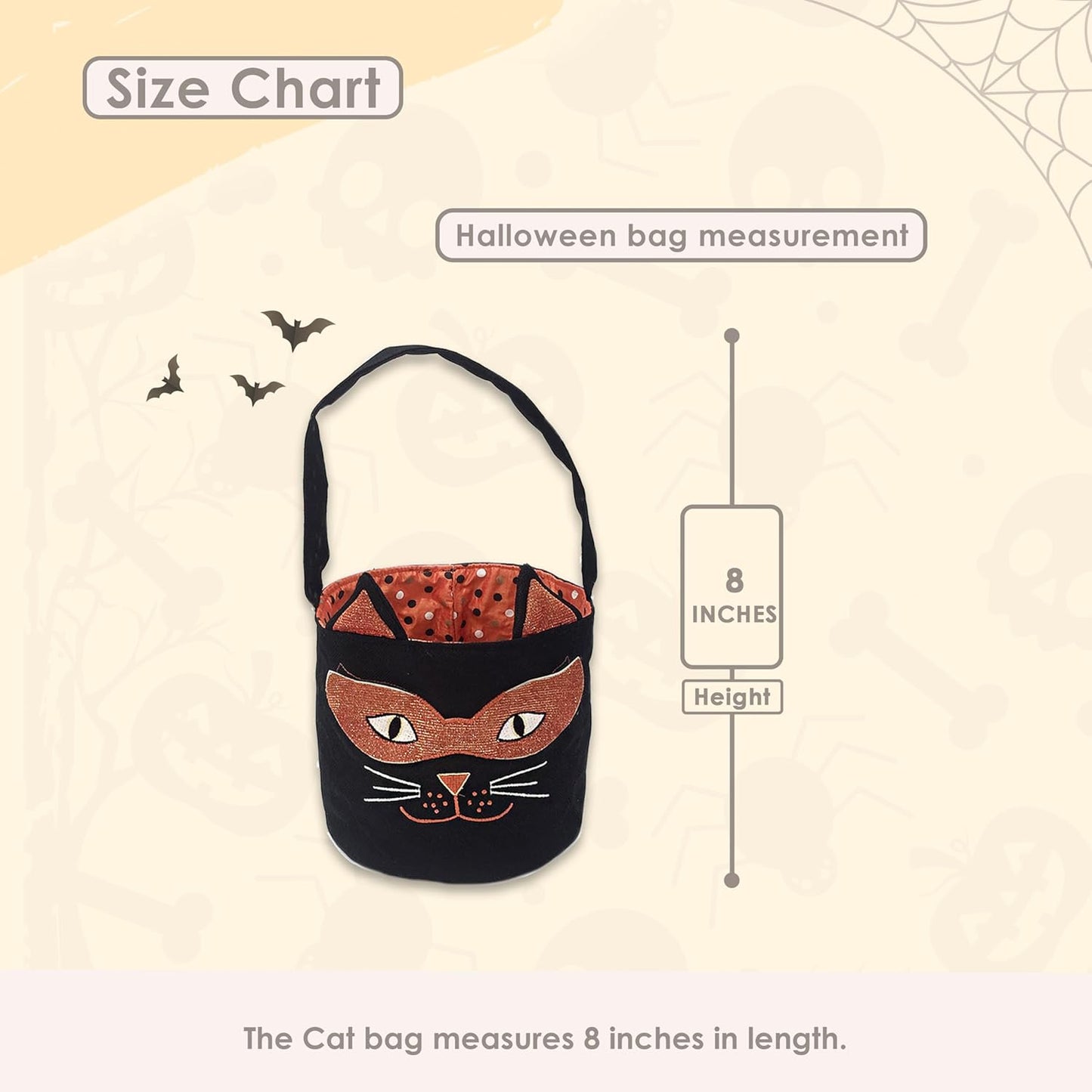 Mon Ami Cat Halloween Bag, Trick or Treat Bag for Kids, Basket Tote Bag, Tote Gift Bucket for Halloween Party Favor Supplies, 8”