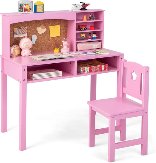 Costzon Kids Desk and Chair Set, Wooden Study Desk for Kids with Storage, Hutch, Cork Bulletin Board, Student Writing Computer Workstation, Kids Desk for Study Room, Bedroom, School, Pink