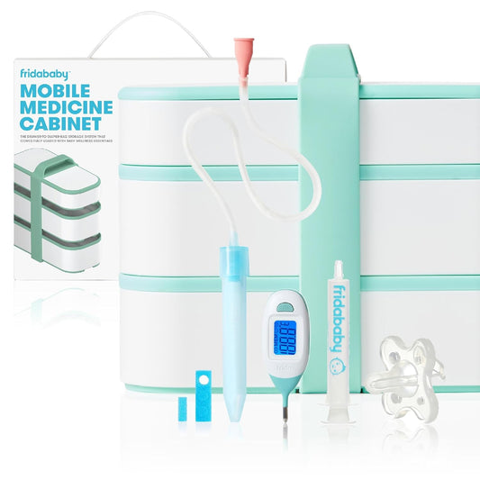 Frida Baby Mobile Medicine Cabinet Travel Kit | Baby Essentials Gift Set Includes Nosefrida Snotsucker, Rectal Thermometer, Medifrida Medicine Dispenser with Portable Carrying Case