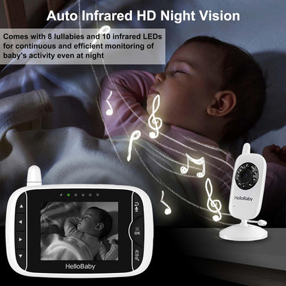 Hellobaby Baby Monitor with 2 Cameras - Monitor No Wifi Baby Monitor with Camera and Audio,Video Baby Monitor,Night Vision 2-Way Audio Fully Remote Pan & Tilt 2X Zoom Temperature,Eco Mode,8 Lullabies