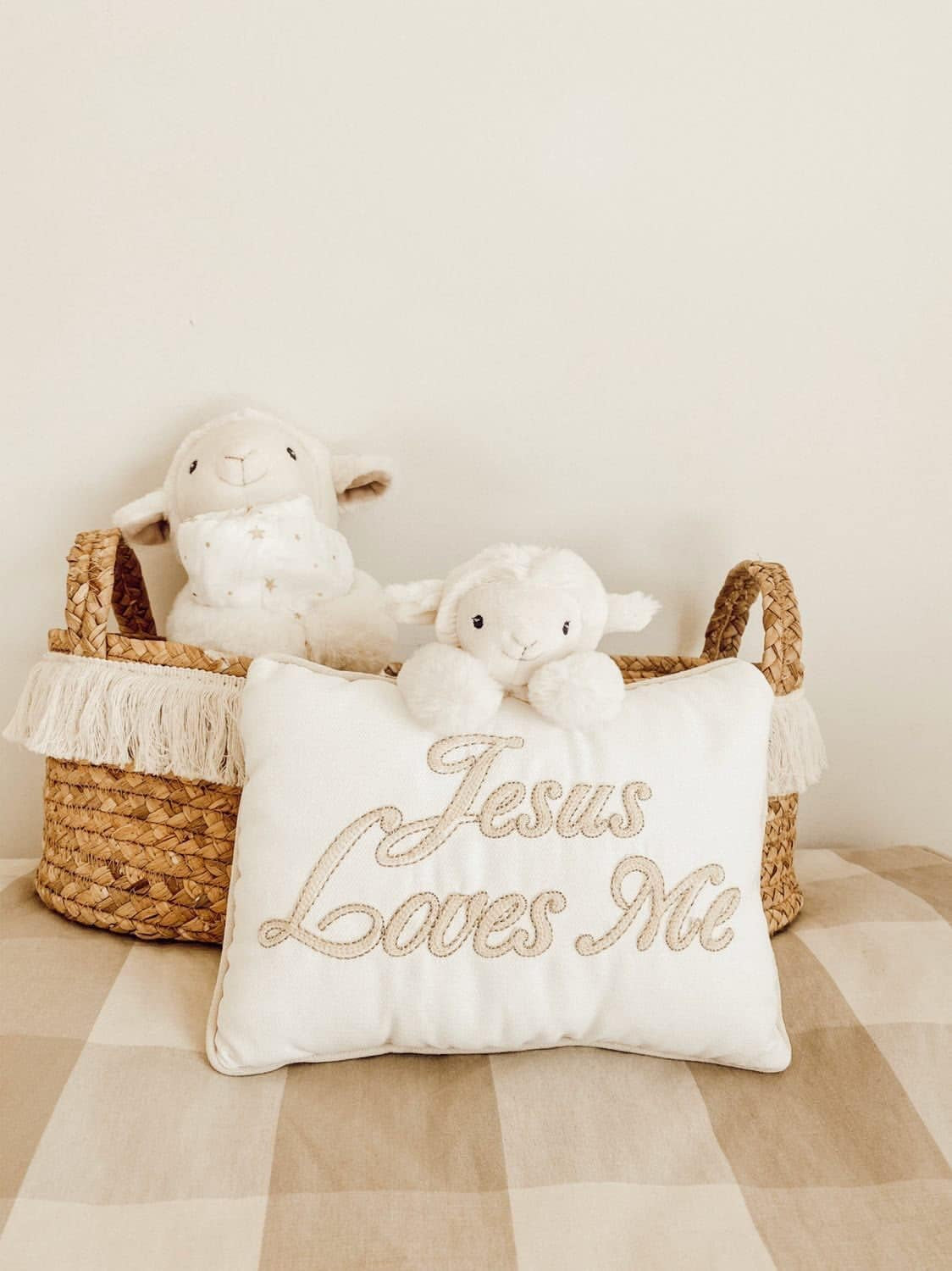 Mon Ami "Jesus Loves Me" Lamb Designer Plush Throw Pillow – 11X8”, Baby Christening Gift, Religious Gift, Dedication, Baptism Gift, Cute Room Décor