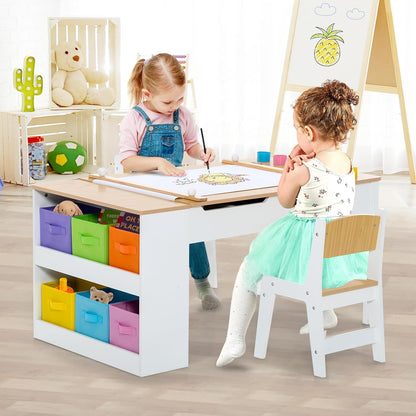 Costzon 3 in 1 Kids Table and Chair Set, Wood Art Table & Easel Set W/ 2 Chairs, 6 Storage Bins, Paper Roller, Paint Cups for Draw, Write, Play, Arts & Crafts, Toddler Table and Chair Set (Gray)