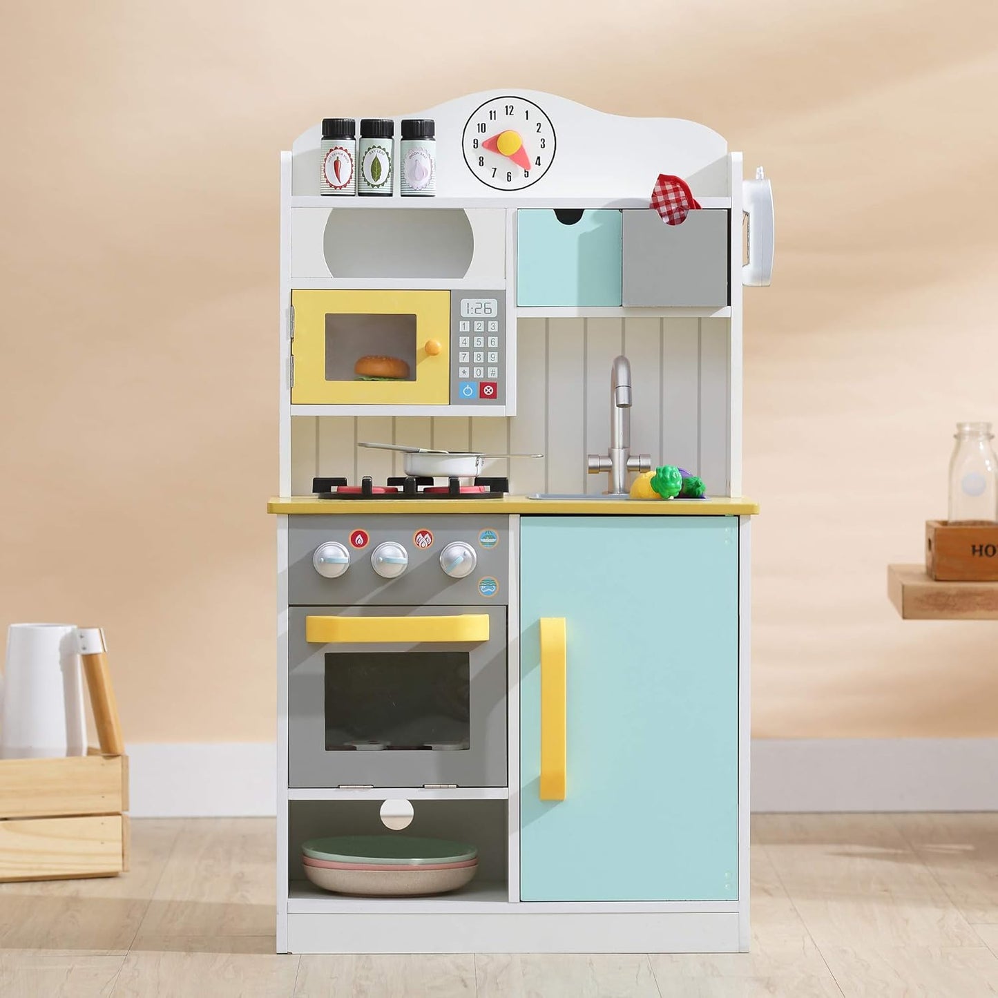 Teamson Kids Little Chef Florence Classic Interactive Wooden Play Kitchen with Accessories and Storage Space for Easy Clean Up, Pink with Gray Accents