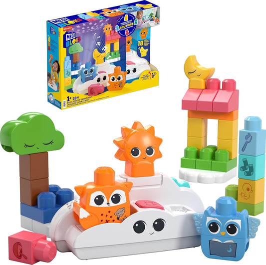 Mega BLOKS Fisher-Price Toddler Building Blocks Toy, Rise & Snooze Night Light with 30 Pieces, Sound and Light Effects, Star Projector, Ages 1+ Years