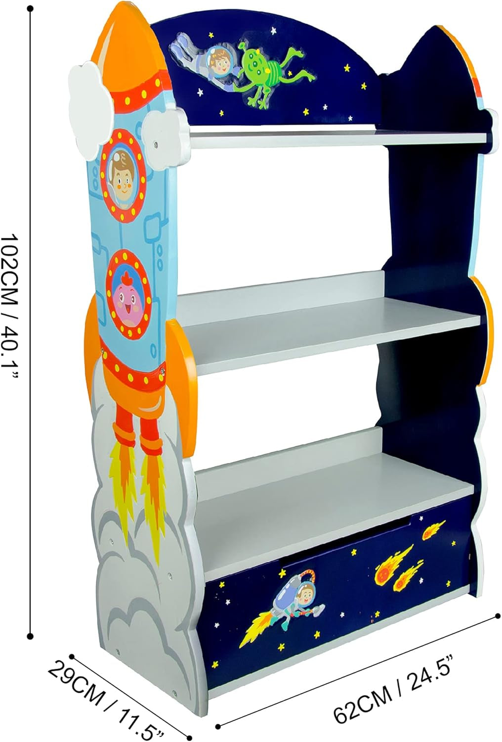 Fantasy Fields Outer Space 3 Tier Kids Bookcase, Wooden Kids Book Shelf with Hand Crafted Designs and Toy Storage Drawer, Blue