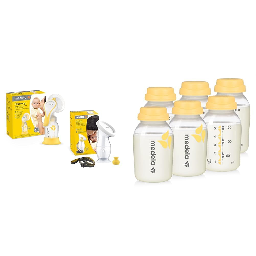 Medela Manual Breast Pump Set - Perfect Pair Bundle, Includes Harmony Manual Breast Pump & Breast Milk Collection and Storage Bottles, 6 Pack, 5 Ounce Breastmilk Container