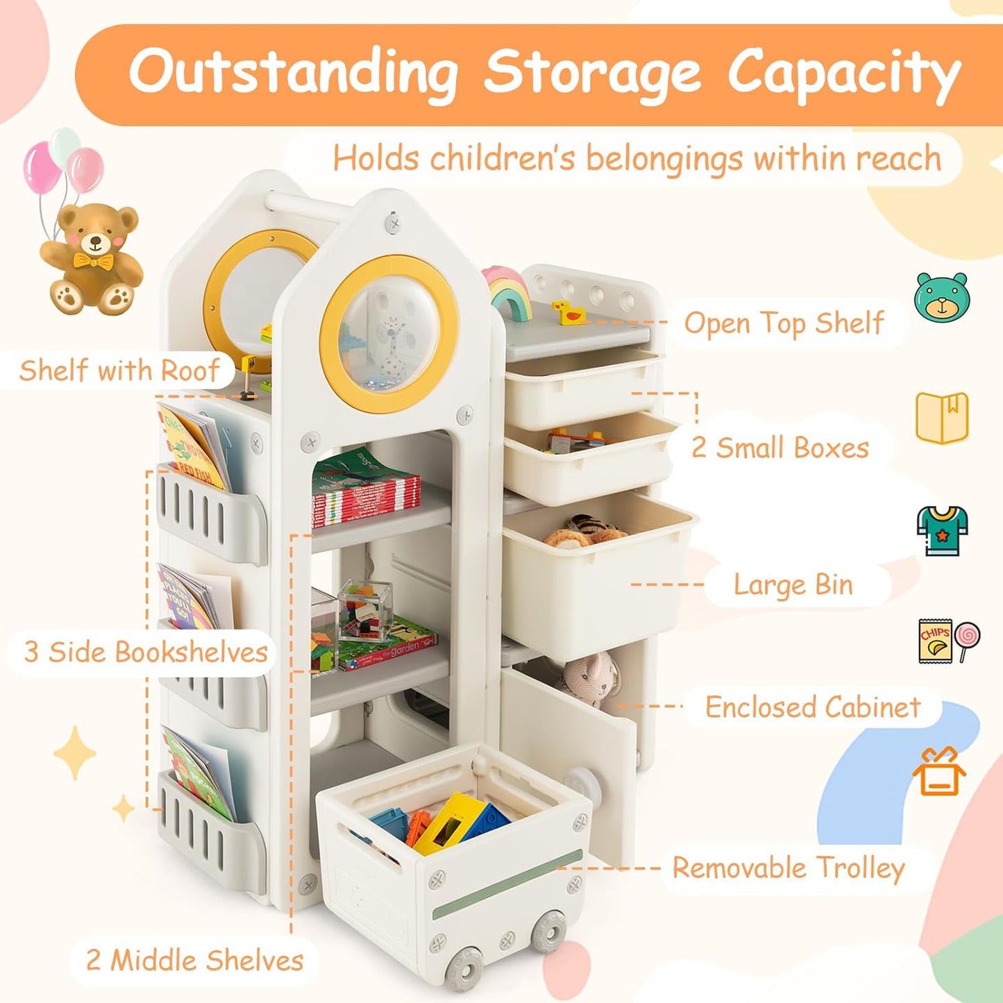 Costzon Kids Toy Storage Organizer and Bookshelf, Multipurpose Shelf with Removable Storage Bins & Cabinet, Side Bookshelves, Toy Shelf for Kids Bedroom, Playroom, Nursery, School