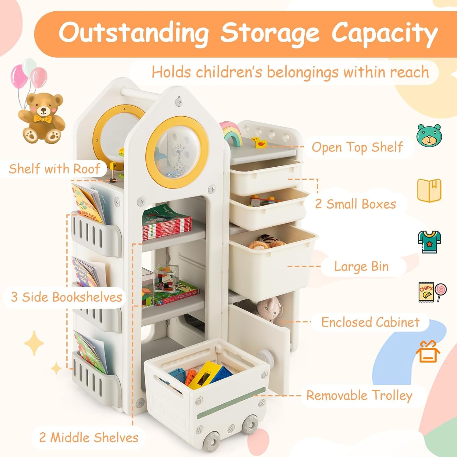 Costzon Kids Toy Storage Organizer and Bookshelf, Multipurpose Shelf with Removable Storage Bins & Cabinet, Side Bookshelves, Toy Shelf for Kids Bedroom, Playroom, Nursery, School