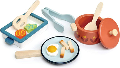 Tender Leaf Toys - Pots and Pans - 13 Pcs Wooden Pretend Cooking Playset, Play Kitchen Cookware Accessories Set for Kids - Age 3+