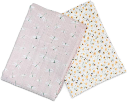 Lulujo Boho Swaddle Set, Cotton Muslin Blankets, 2 Pack (Vintage Floral & Dragonfly)