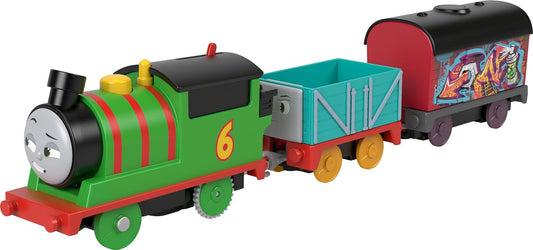 Thomas & Friends Motorized Toy Train Graffiti Percy Battery-Powered Engine with 2 Cargo Cars for Pretend Play Preschool Kids Ages 3+ Years