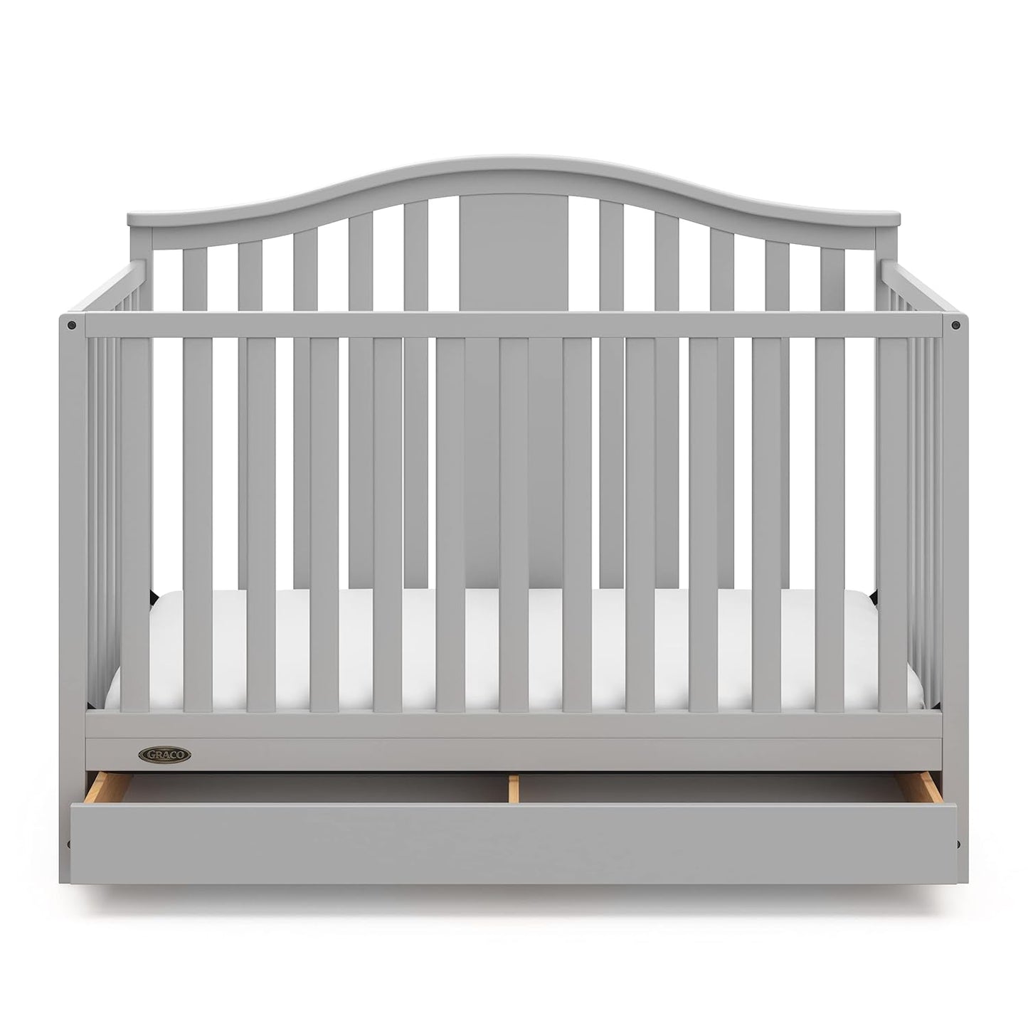 Graco Solano 4-In-1 Convertible Crib with Drawer (Pebble Gray) – GREENGUARD Gold Certified, Crib with Drawer Combo, Includes Full-Size Nursery Storage Drawer, Converts to Toddler Bed and Full-Size Bed