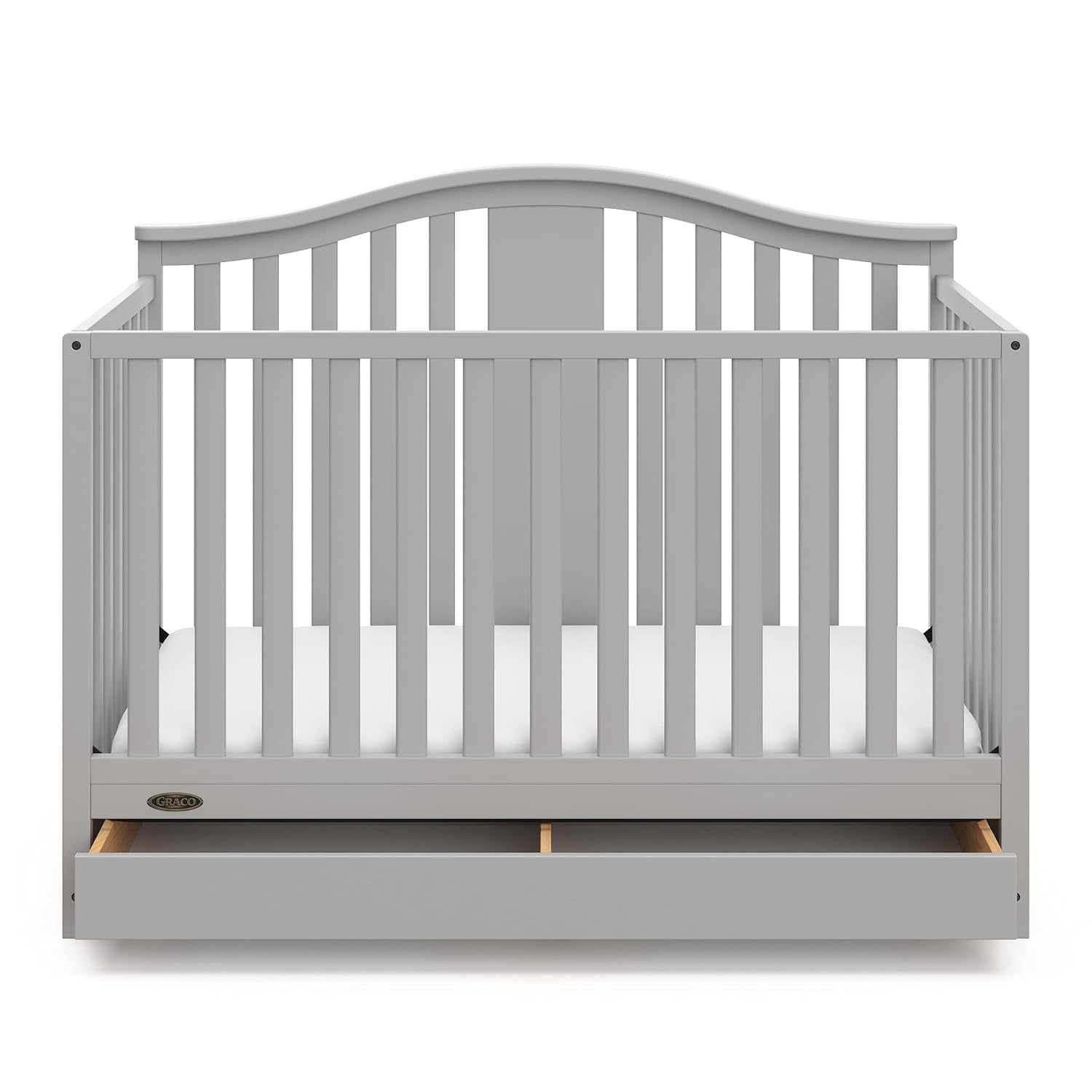 Graco Solano 4-In-1 Convertible Crib with Drawer (Pebble Gray) – GREENGUARD Gold Certified, Crib with Drawer Combo, Includes Full-Size Nursery Storage Drawer, Converts to Toddler Bed and Full-Size Bed