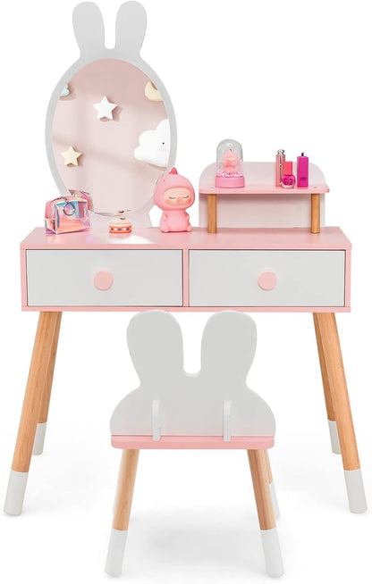 Costzon Kids Vanity Set, Girls Vanity Set with Mirror & Stool, 2 Large Drawers, Storage Shelf, Wooden Princess Makeup Dressing Table, Pretend Play Vanity Table Chair Set for Toddlers (White)