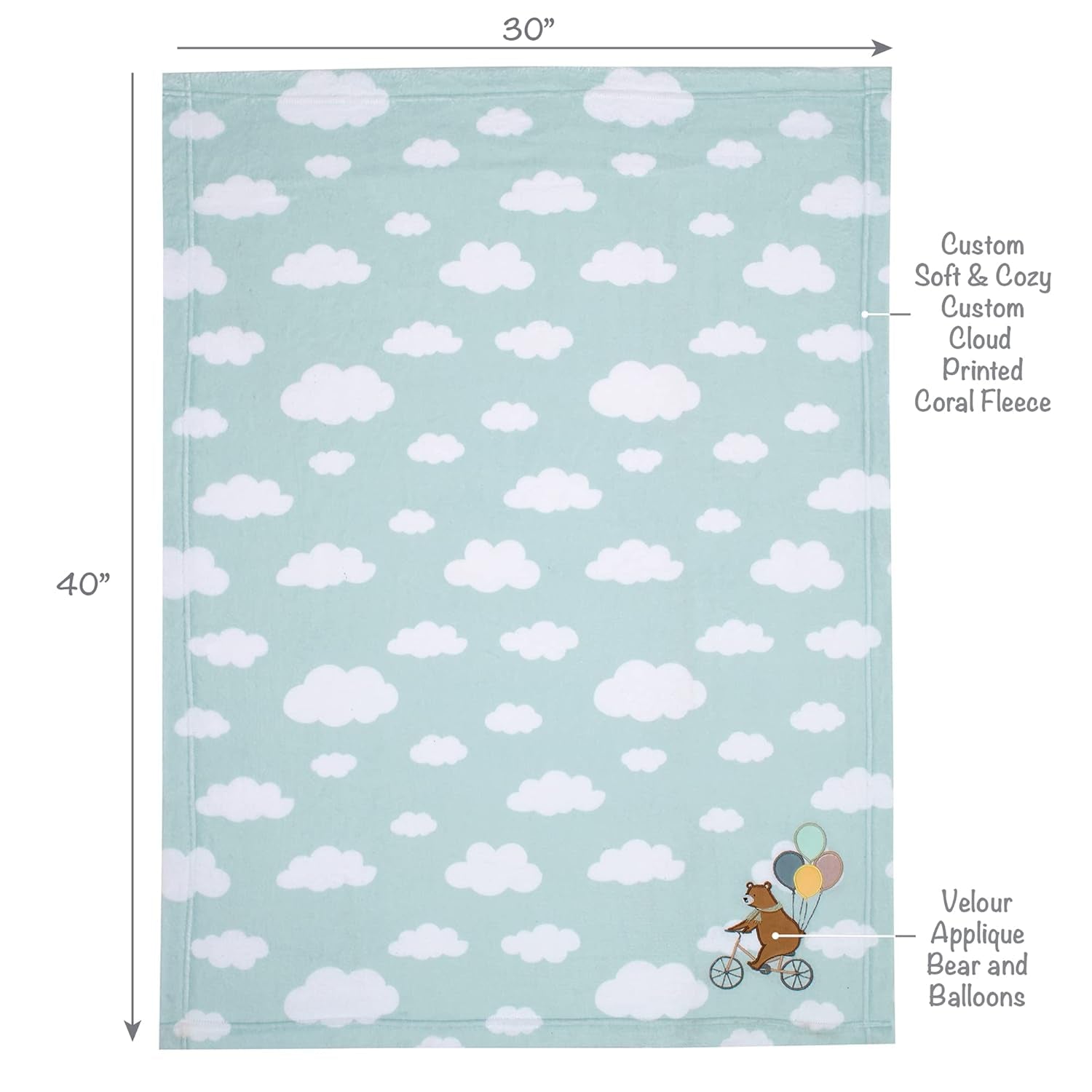 Bedtime Originals up up & Away Bear/Balloon/Cloud Soft Blue Fleece Baby Blanket