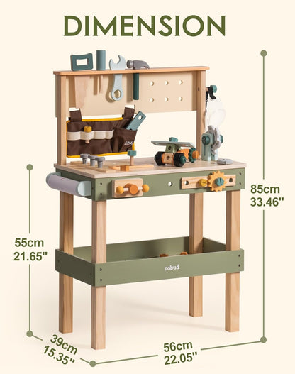 ROBUD Toddler Pretend Play Kids Workbench - Wooden Construction Toy with Tool Belt, Goggles, and Accessories for Creative Assembly - Suitable for Children Age 3+